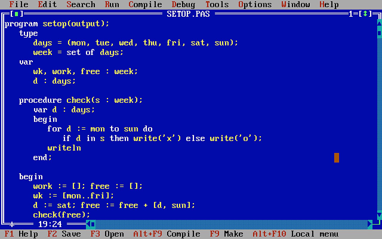 Éditeur de Turbo Pascal sous MS-DOS affichant le code source d'un programme