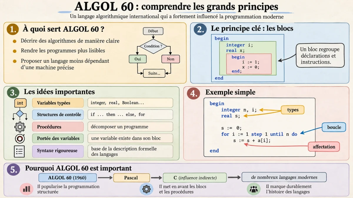 Schéma pédagogique présentant les blocs, les types, les procédures et l'héritage d'ALGOL 60
