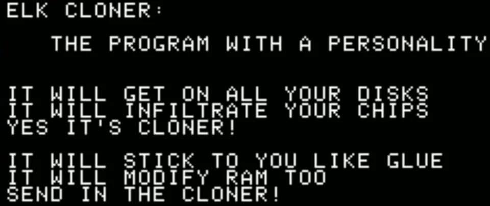 Poème affiché sur un écran d'Apple II par le virus Elk Cloner