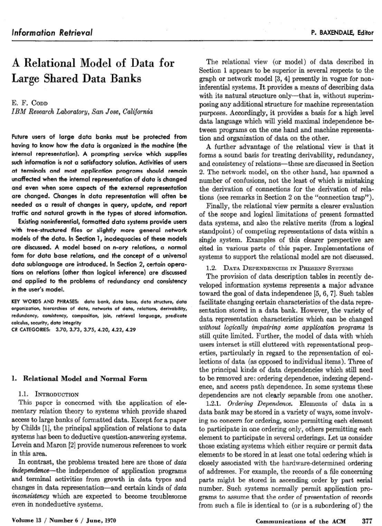 Première page de l’article fondateur d’Edgar F. Codd sur le modèle relationnel, publié en 1970