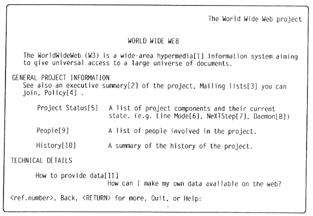Capture historique du Line Mode Browser avec liens hypertextes numérotés, 1991