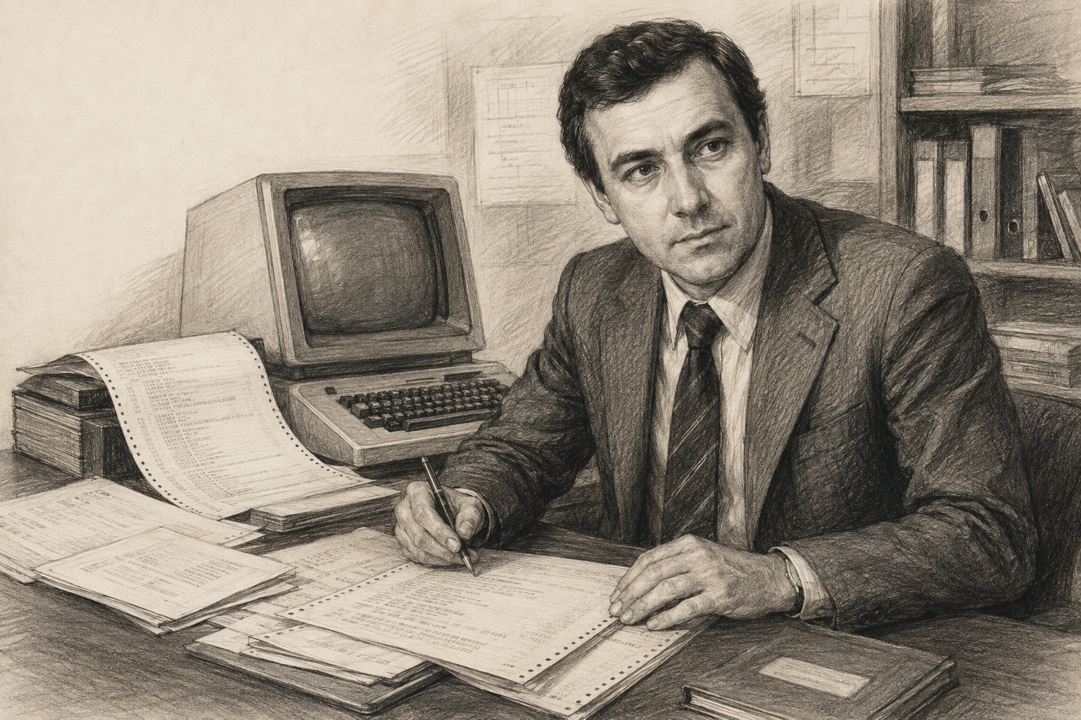 Jean Ichbiah devant un terminal informatique