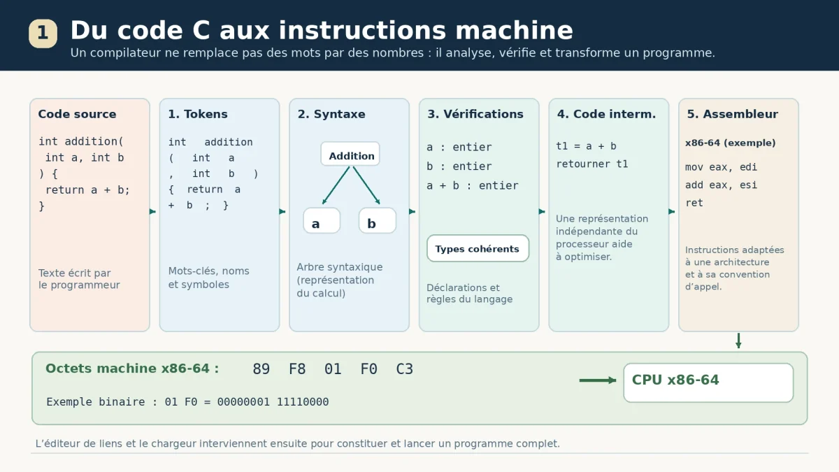 Étapes de compilation : code source, tokens, arbre syntaxique, vérifications, représentation intermédiaire et code machine